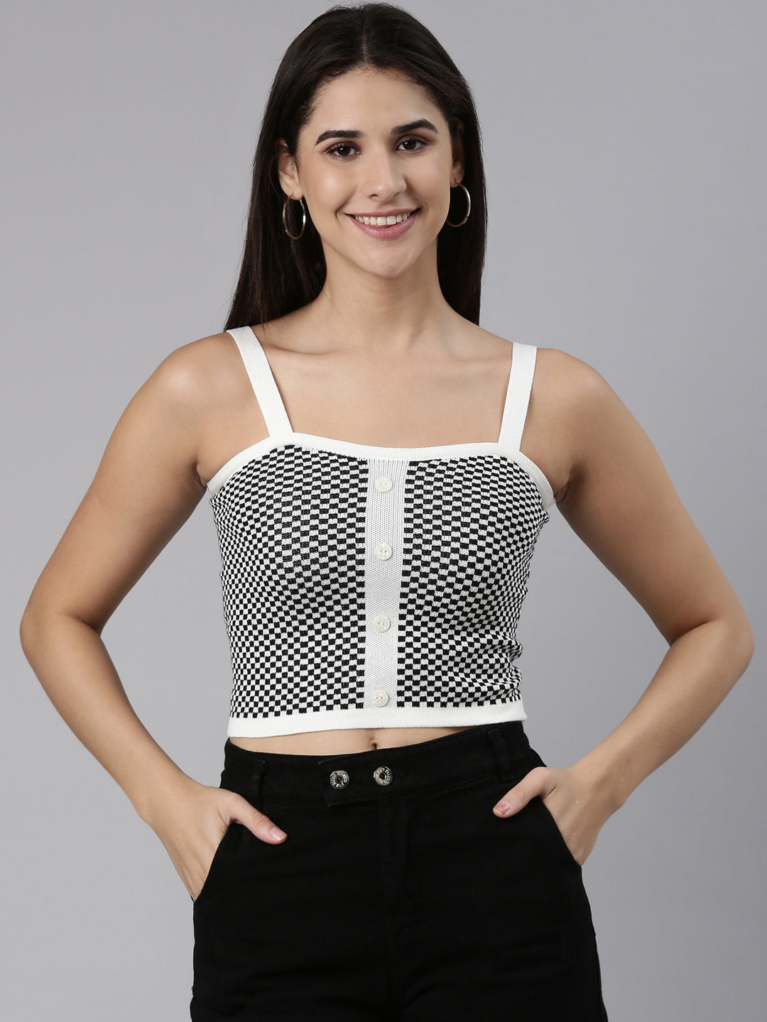Women's Black Shoulder Straps Checked Fitted Cotton Crop Top