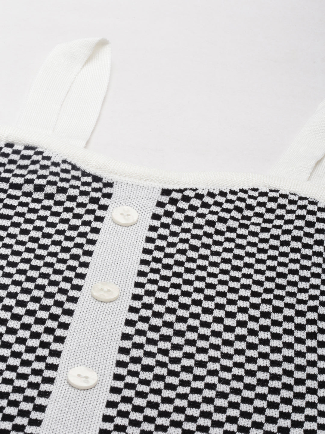 Women's Black Shoulder Straps Checked Fitted Cotton Crop Top