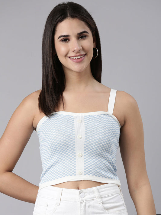 Women's Blue Checked Shoulder Straps Fitted Crop Top