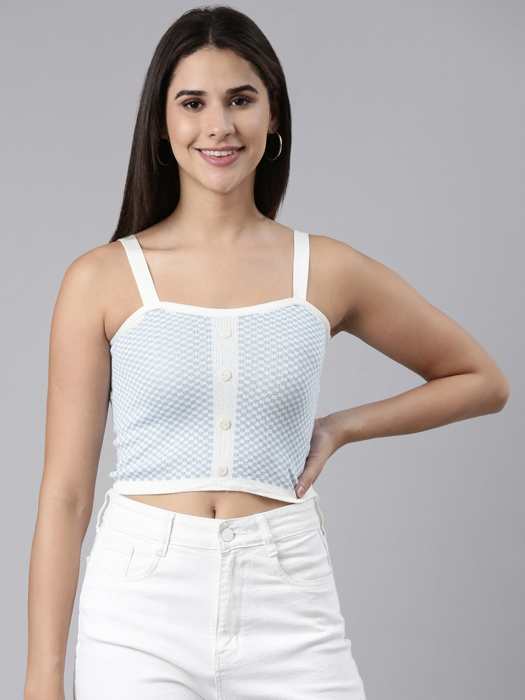 Women's Blue Checked Shoulder Straps Fitted Crop Top