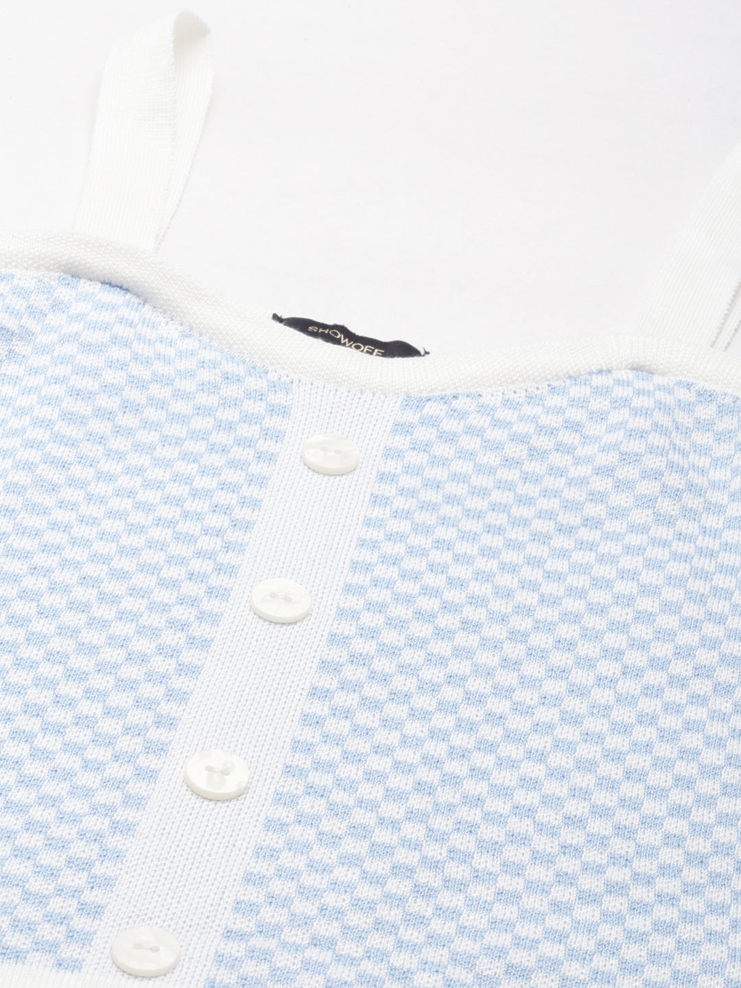 Women's Blue Checked Shoulder Straps Fitted Crop Top
