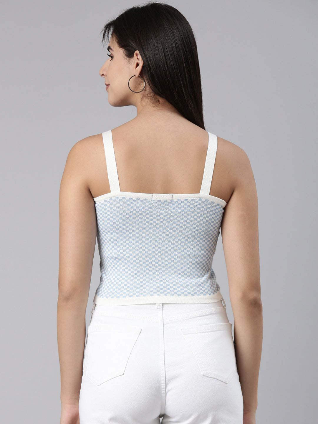 Women's Blue Checked Shoulder Straps Fitted Crop Top