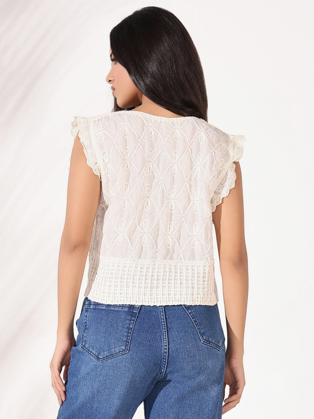 Women's Cream Self Design Embroidered Crop Top