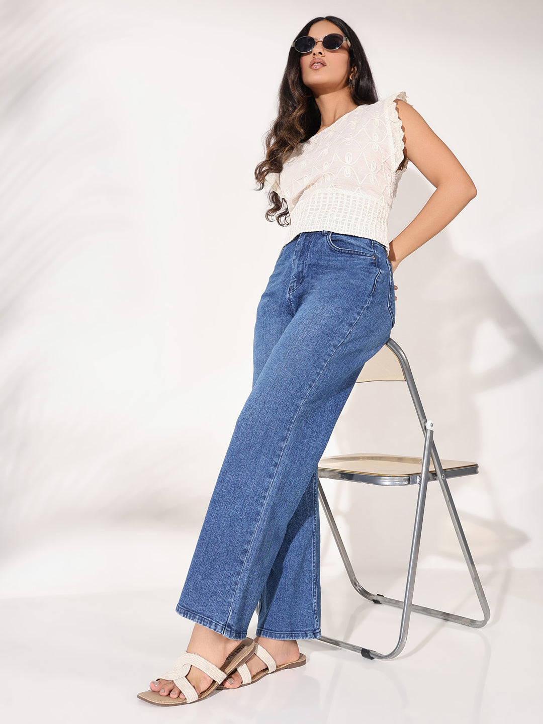 Women's Cream Self Design Embroidered Crop Top