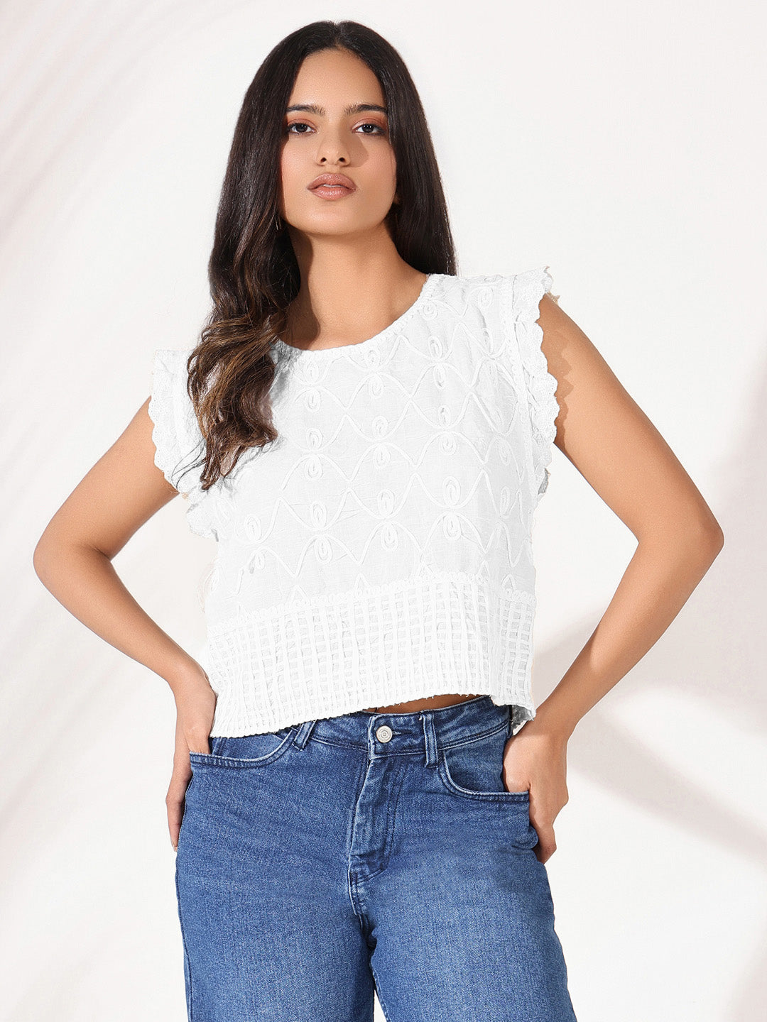 Women's White Embroidered Sleeveless Crop Top