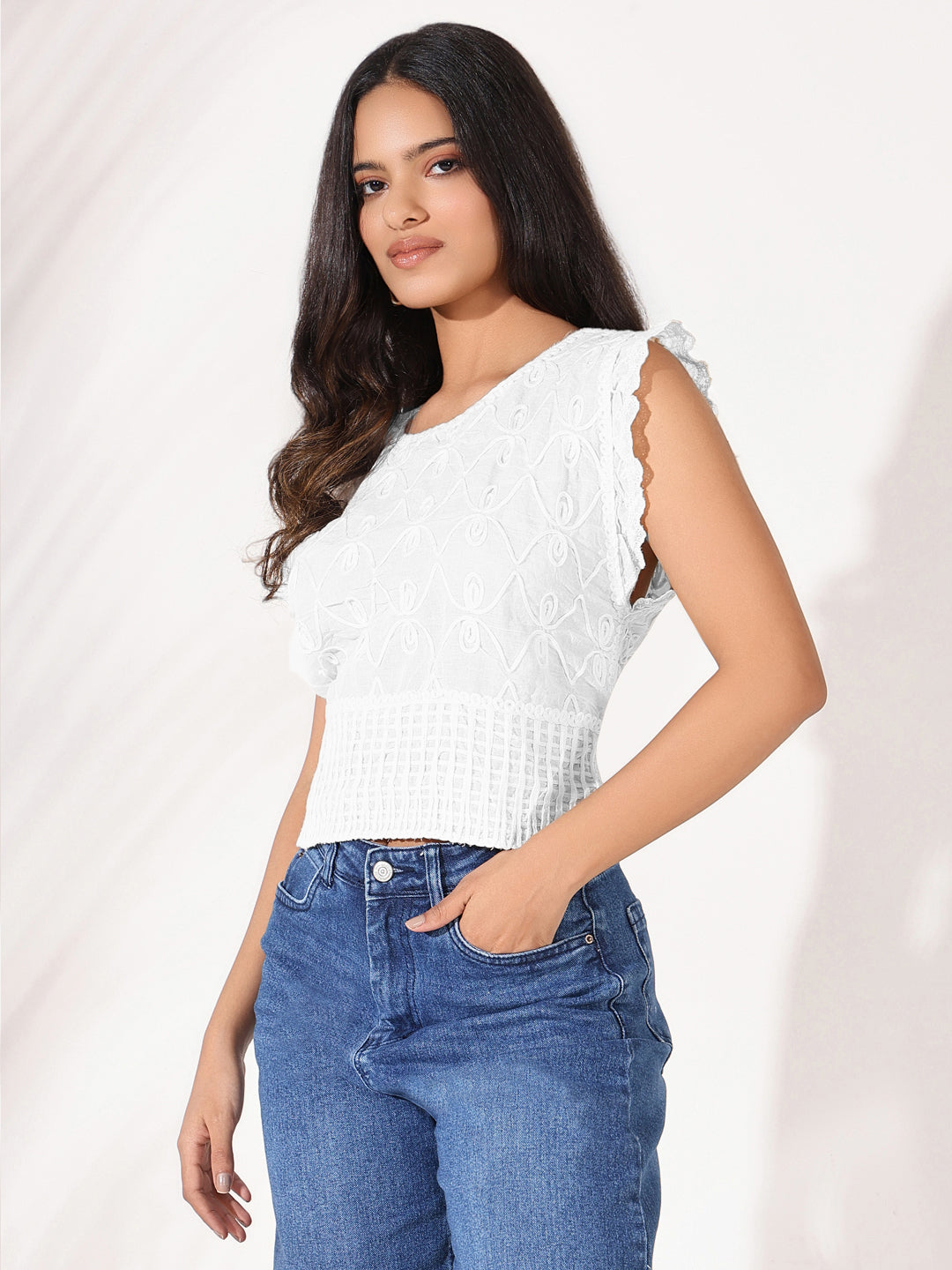 Women's White Embroidered Sleeveless Crop Top