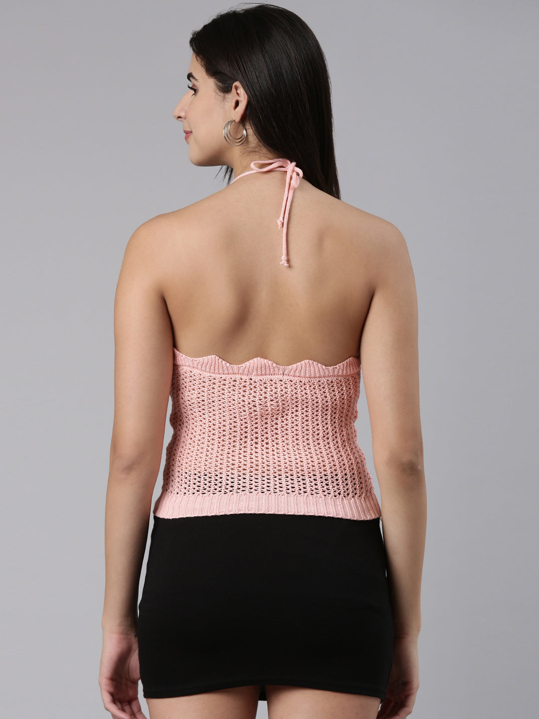 Women's Peach Self Design Halter Neck Sleeveless Wool Crop Tank Top