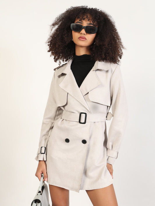 Women's Solid Grey Lapel Collar Trench Coat with Fabric Belt and WristBelt