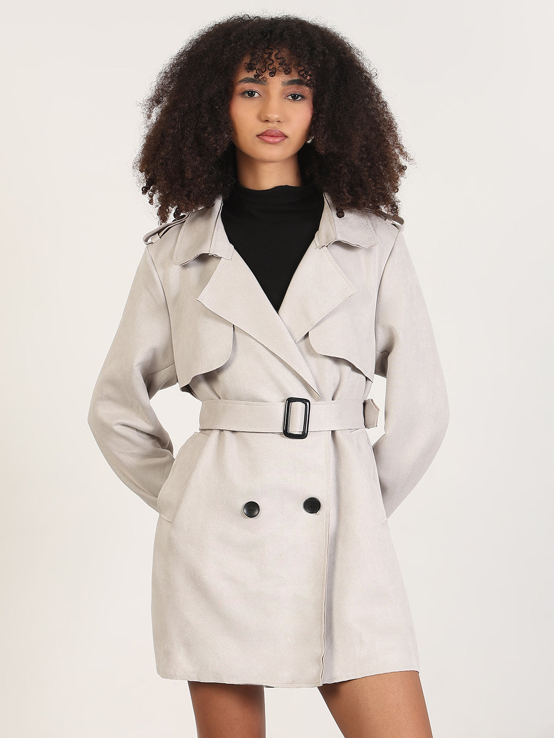 Women's Solid Grey Lapel Collar Trench Coat with Fabric Belt and WristBelt