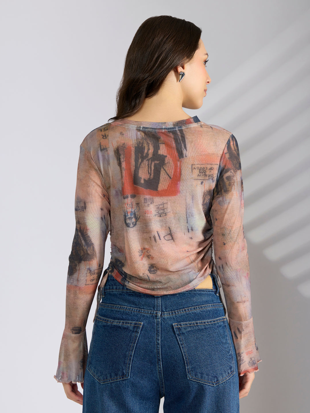 Women's Graphic Orange Fitted Ruched Top