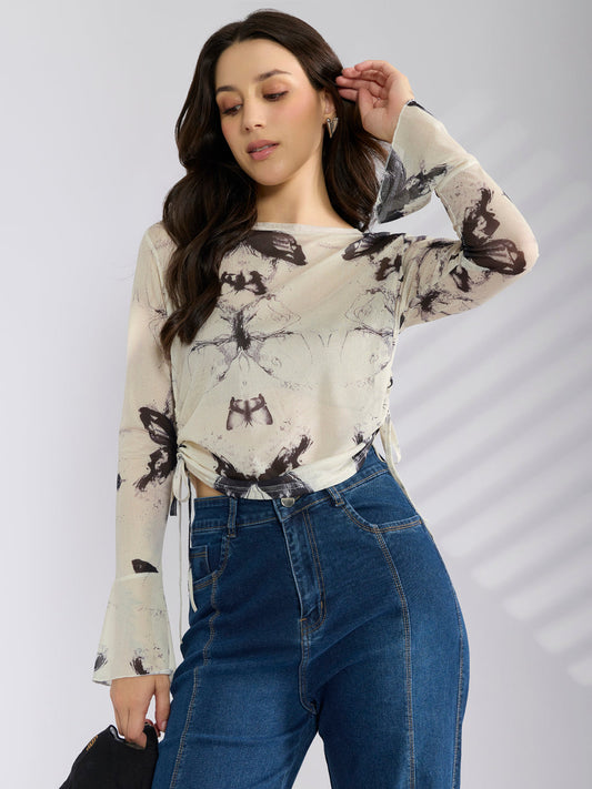 Women's Graphic White Fitted Ruched Top