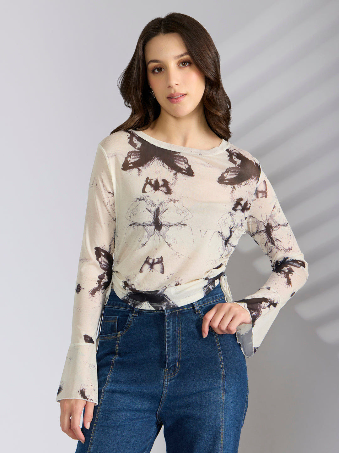 Women's Graphic White Fitted Ruched Top