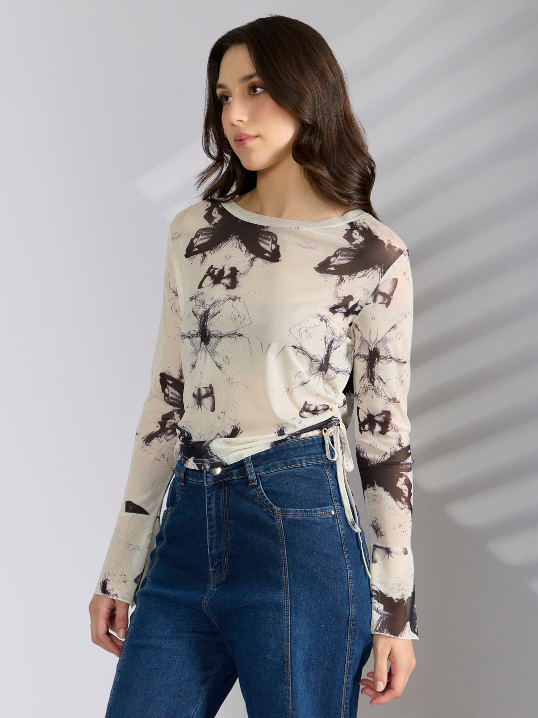 Women's Graphic White Fitted Ruched Top