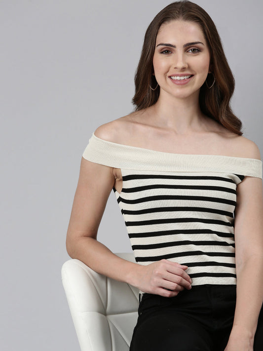 Women's Beige Striped Off-Shoulder Bardot Top