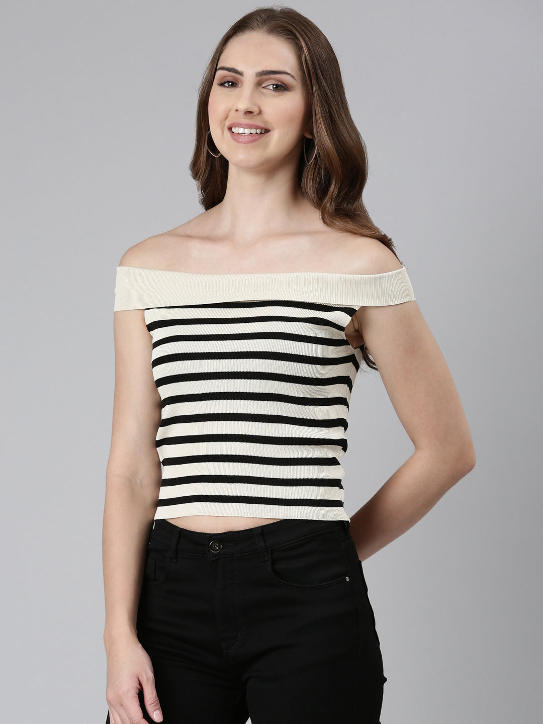 Women's Beige Striped Off-Shoulder Bardot Top