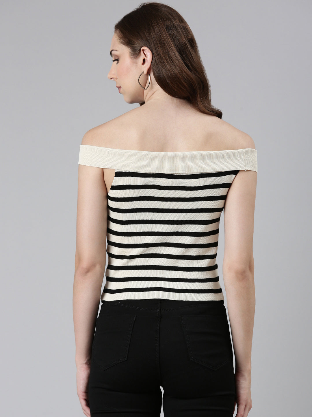 Women's Beige Striped Off-Shoulder Bardot Top