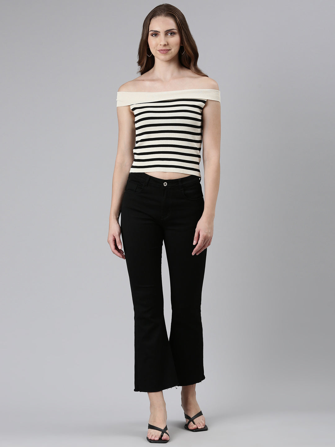 Women's Beige Striped Off-Shoulder Bardot Top