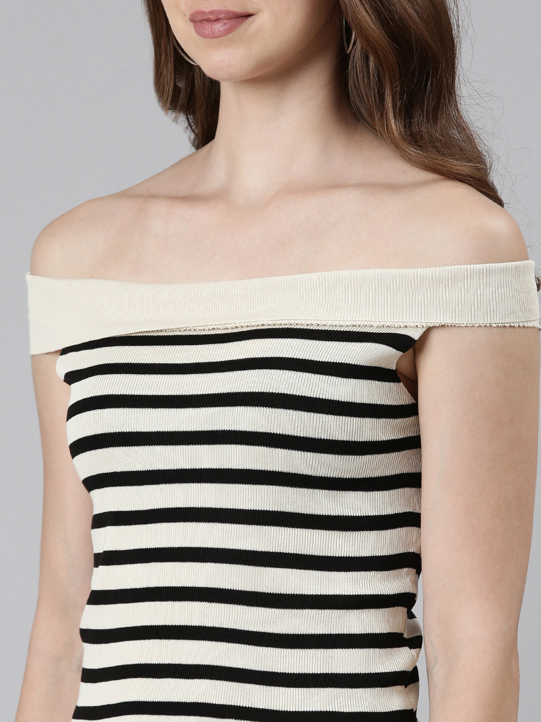 Women's Beige Striped Off-Shoulder Bardot Top