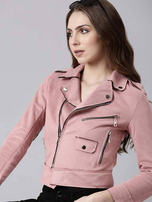 Women's Pink Spread Collar Long Sleeve Tailored Jacket