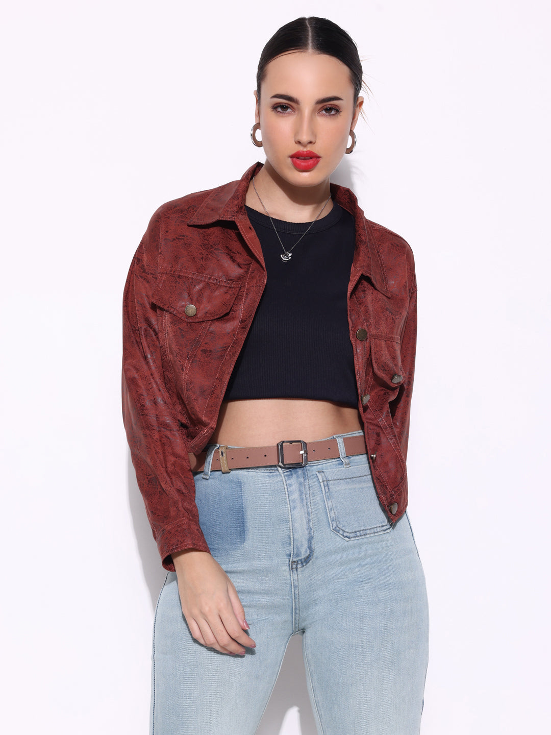 Women's Textured Brown Short Leather Jacket