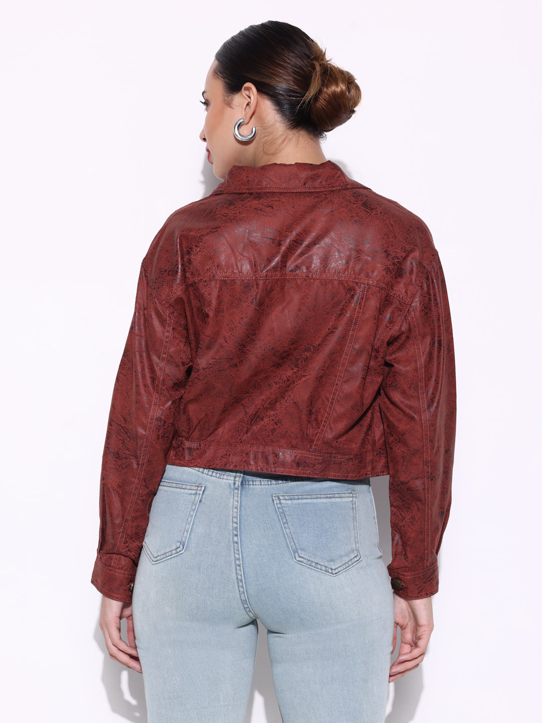 Women's Textured Brown Short Leather Jacket