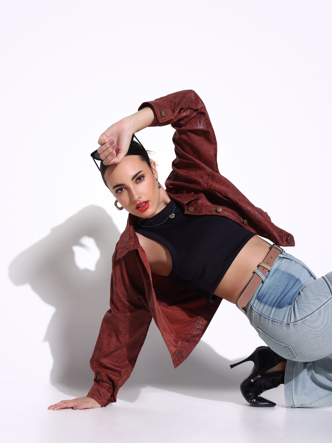 Women's Textured Brown Short Leather Jacket