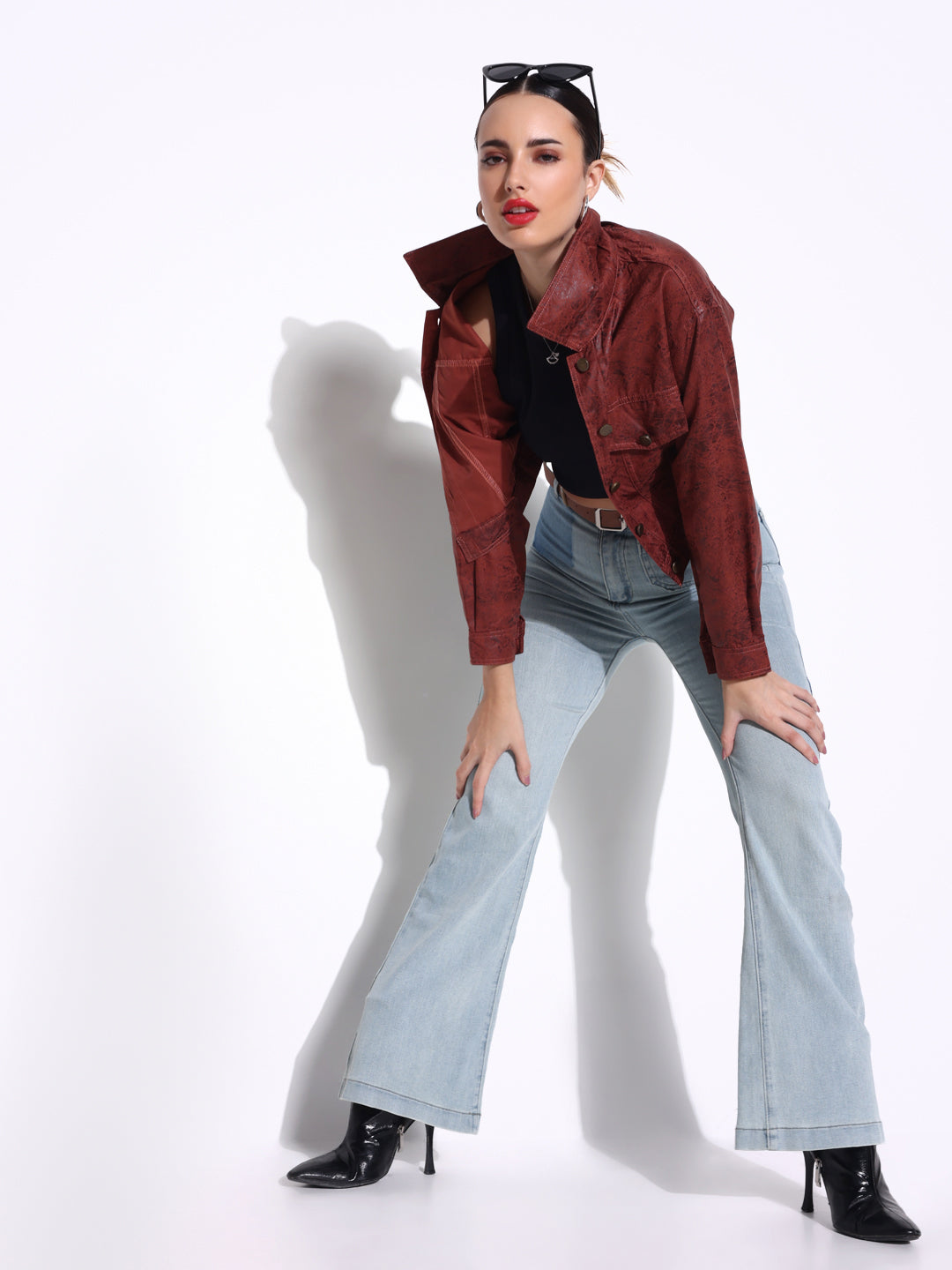 Women's Textured Brown Short Leather Jacket