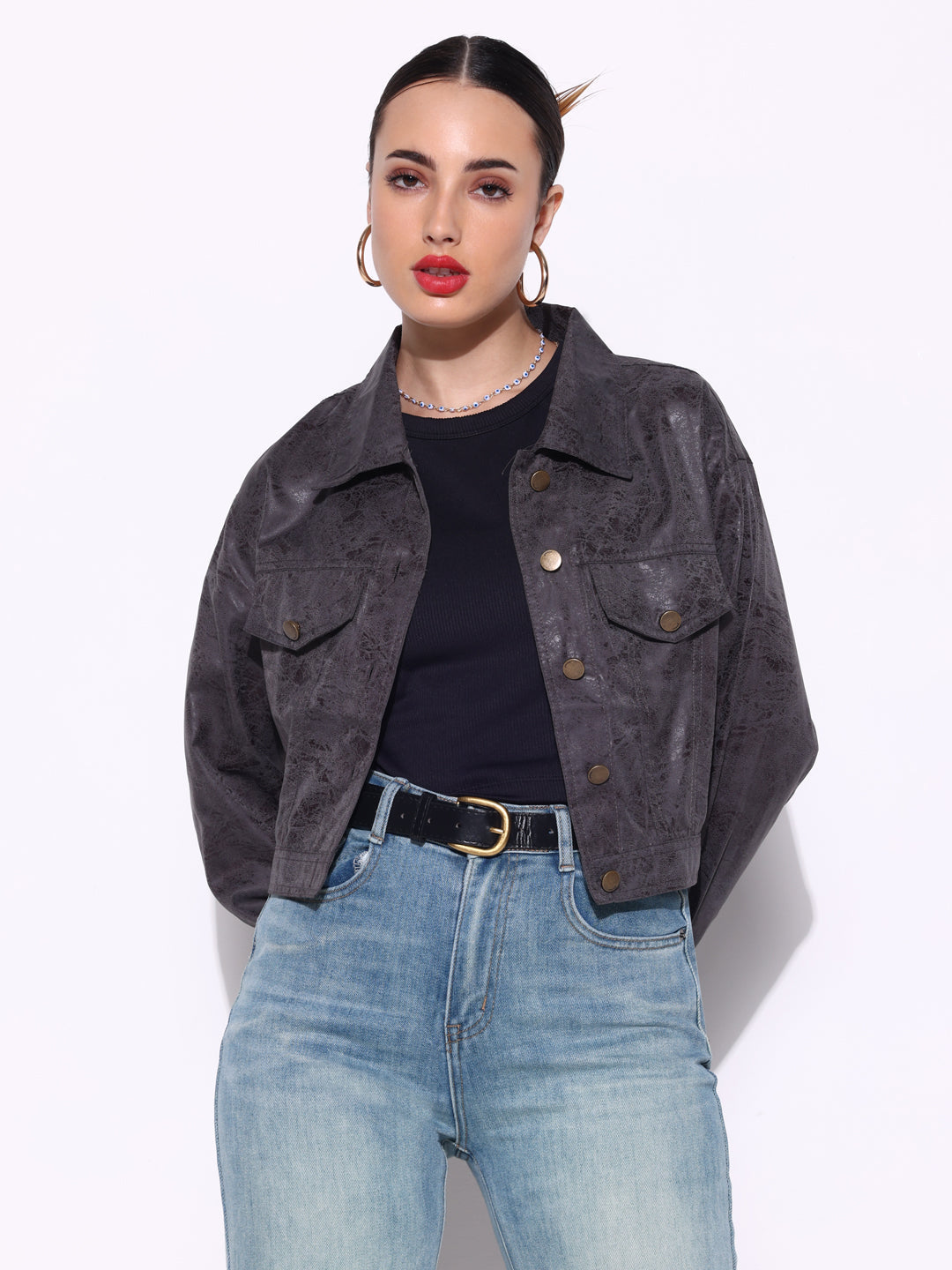 Women's Textured Grey Short Leather Jacket