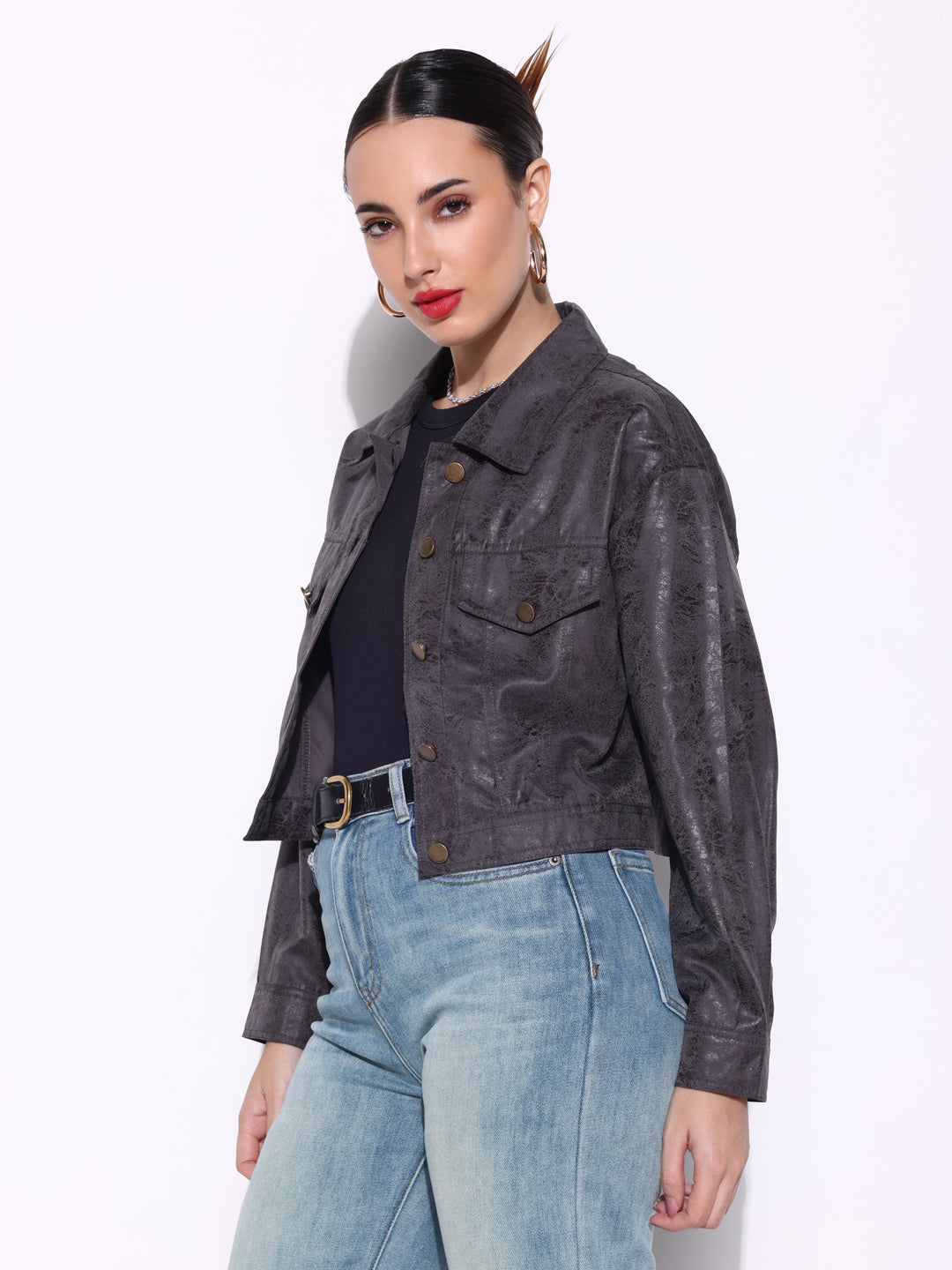 Women's Textured Grey Short Leather Jacket