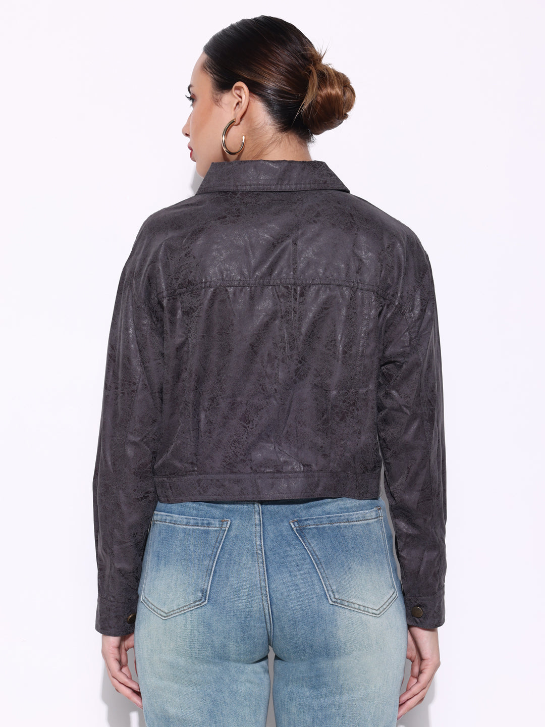 Women's Textured Grey Short Leather Jacket