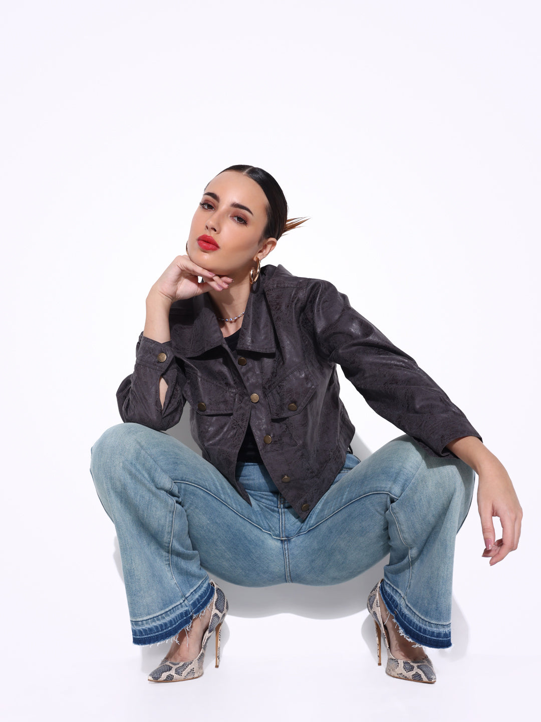 Women's Textured Grey Short Leather Jacket