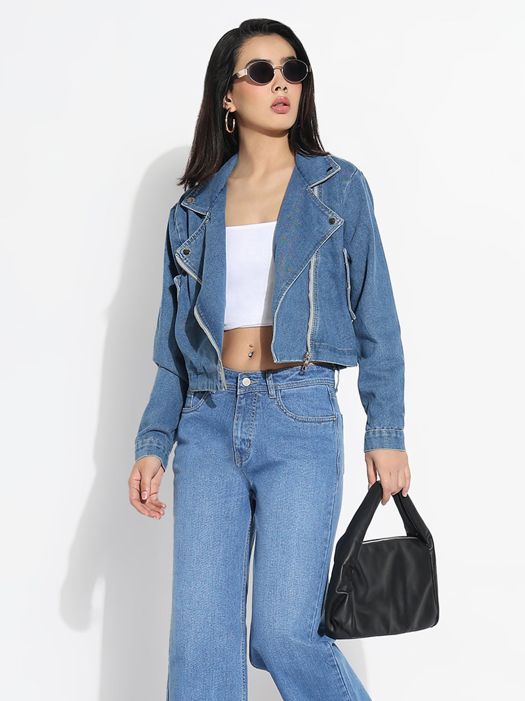 Women's Solid Blue Spread Collar Denim Jacket