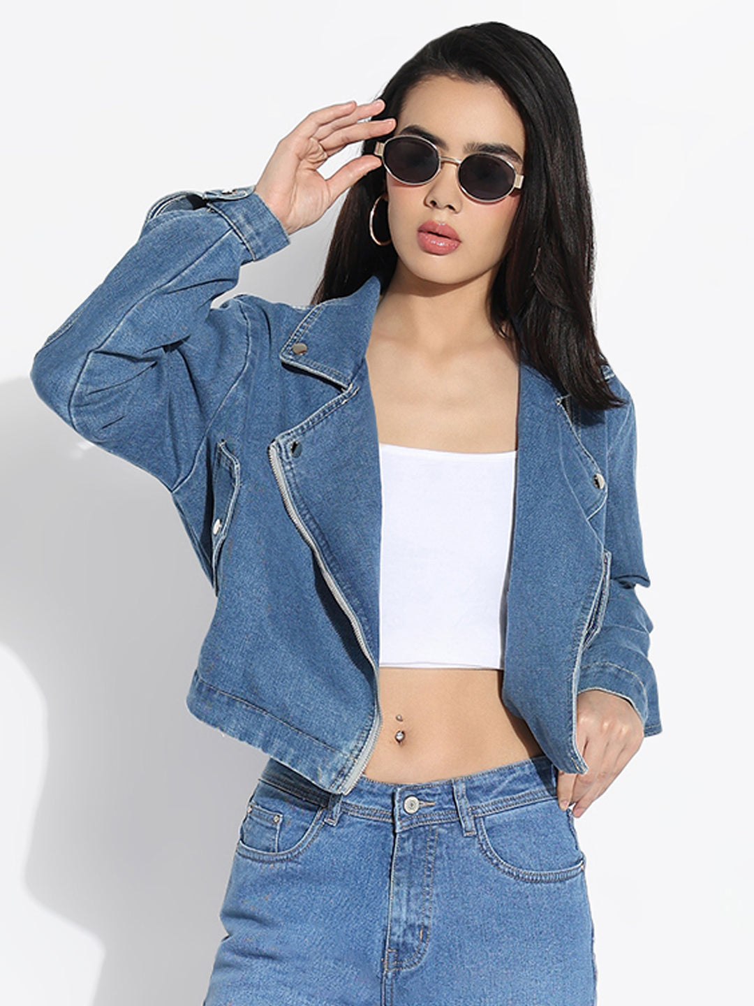 Women's Solid Blue Spread Collar Denim Jacket