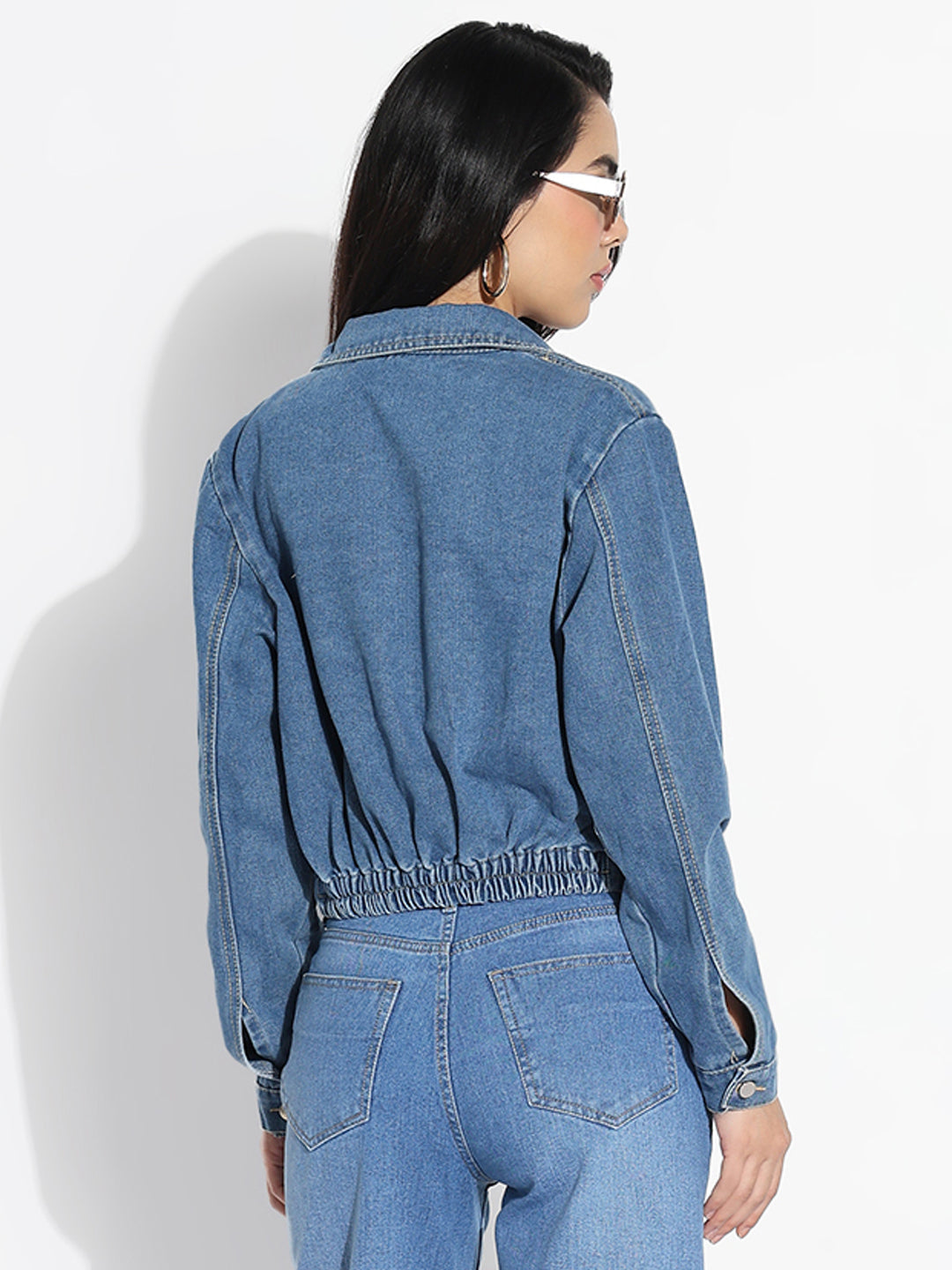 Women's Solid Blue Spread Collar Denim Jacket