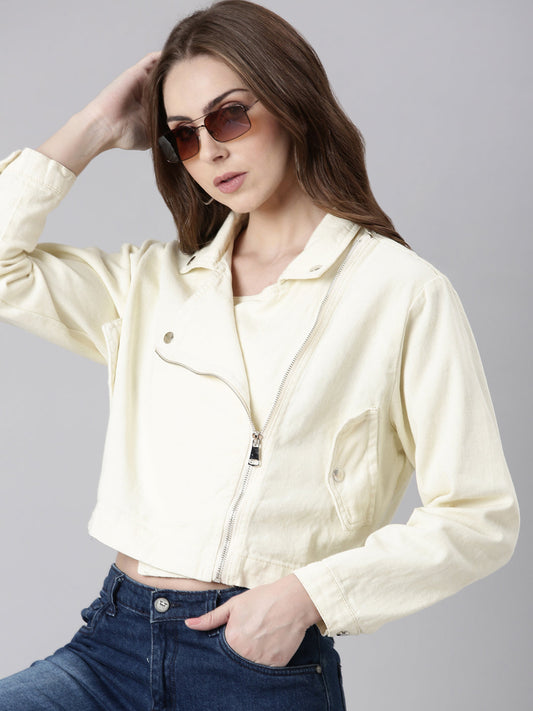Women's Cream Spread Collar Crop Denim Jacket