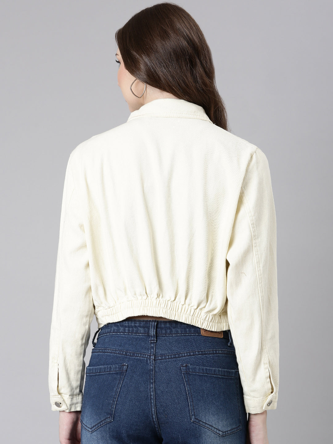 Women's Cream Spread Collar Crop Denim Jacket
