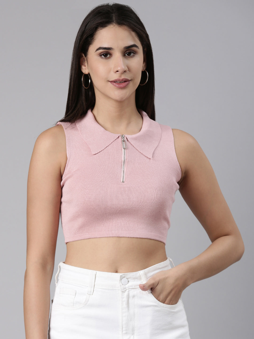 Women's Pink Shirt Collar Ribbed Fitted Crop Top