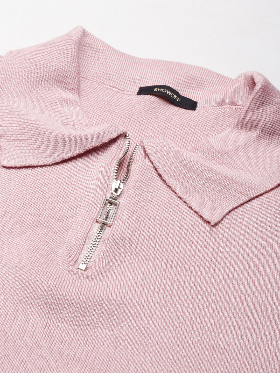 Women's Pink Shirt Collar Ribbed Fitted Crop Top