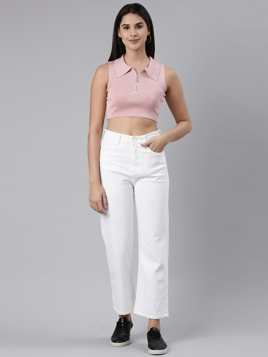 Women's Pink Shirt Collar Ribbed Fitted Crop Top