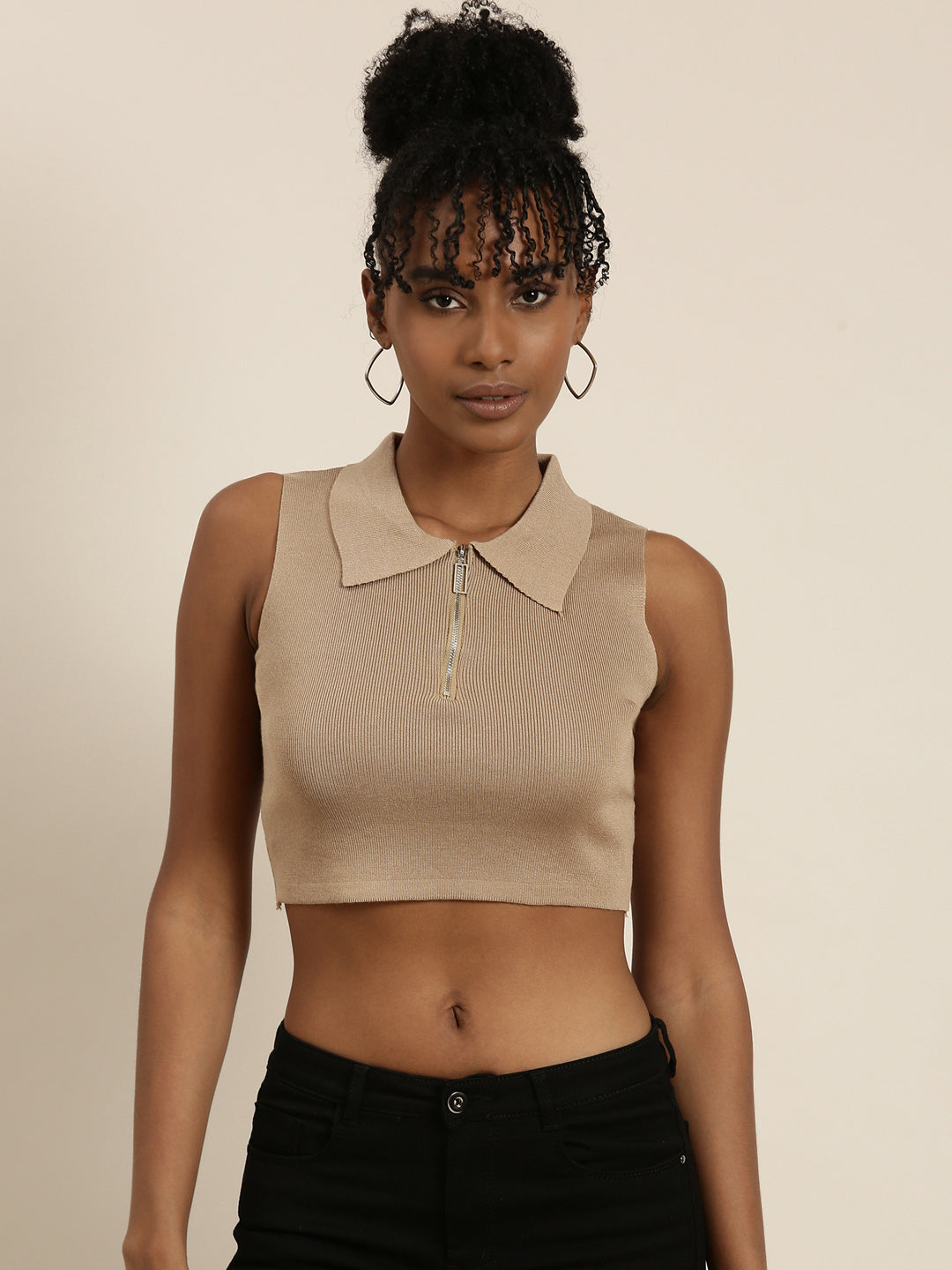 Women's Tan Shirt Collar Sleeveless Cotton Fitted Crop Top