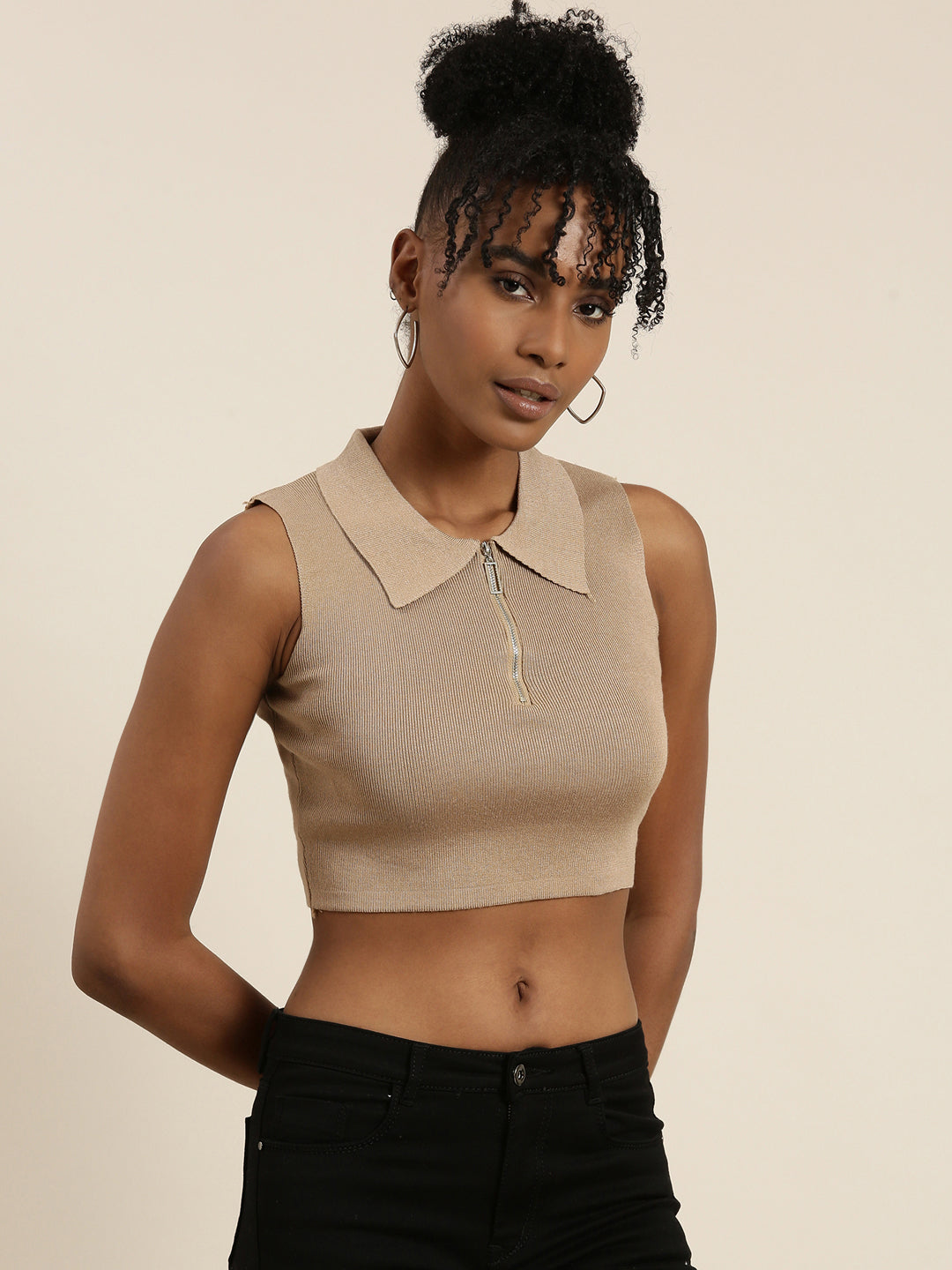 Women's Tan Shirt Collar Sleeveless Cotton Fitted Crop Top