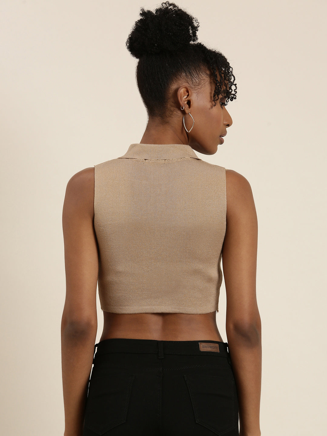 Women's Tan Shirt Collar Sleeveless Cotton Fitted Crop Top