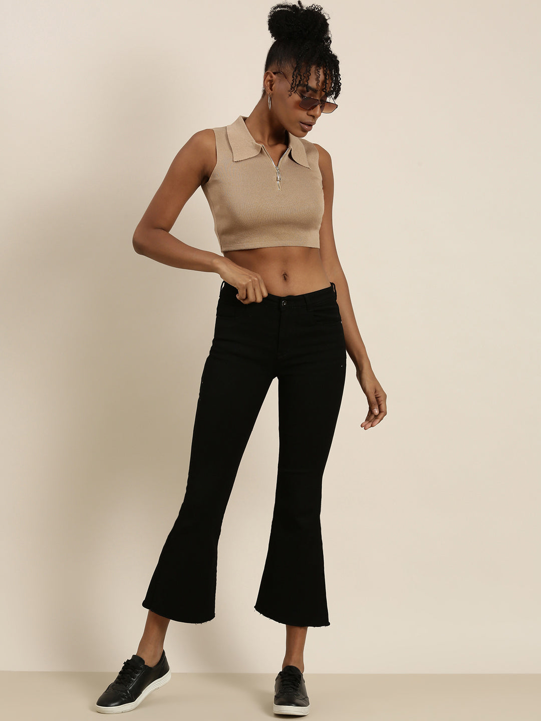 Women's Tan Shirt Collar Sleeveless Cotton Fitted Crop Top