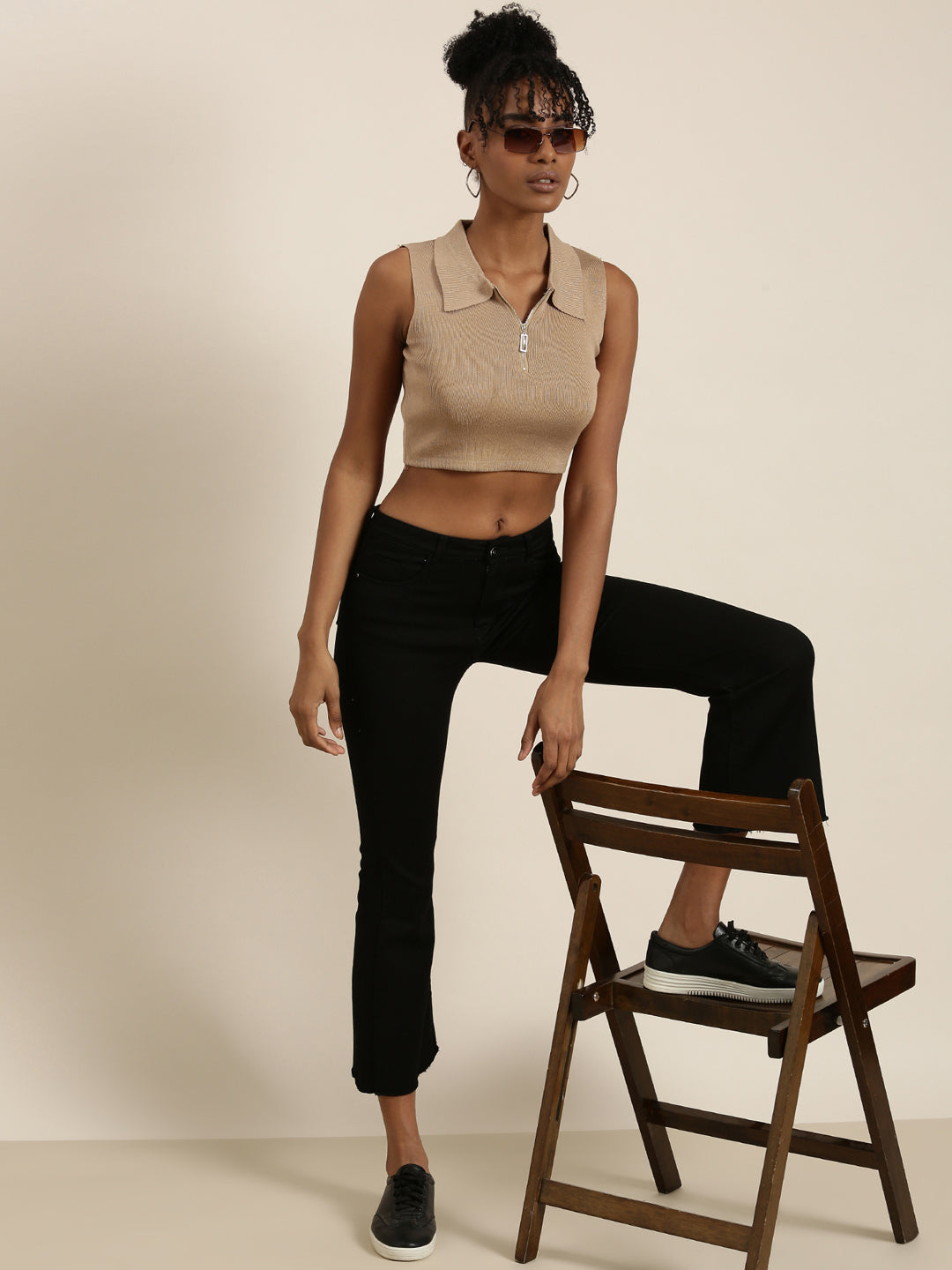 Women's Tan Shirt Collar Sleeveless Cotton Fitted Crop Top