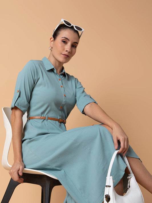 Women's Solid Sea Green Midi A-Line Dress with Belt