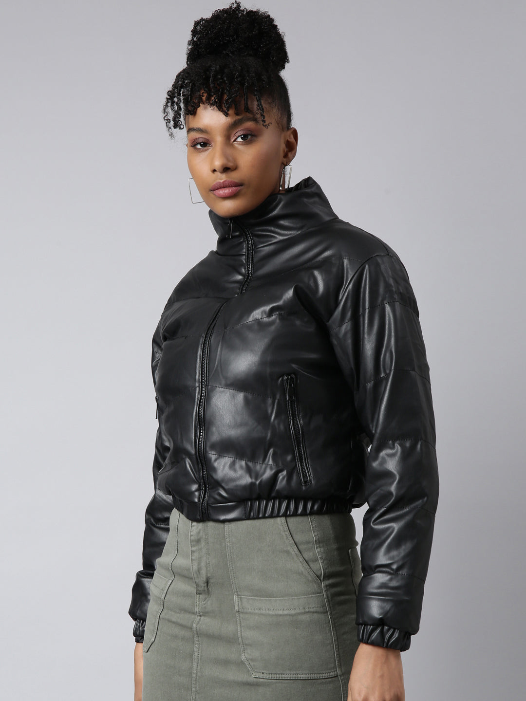 Women's Solid Black Puffer Jacket