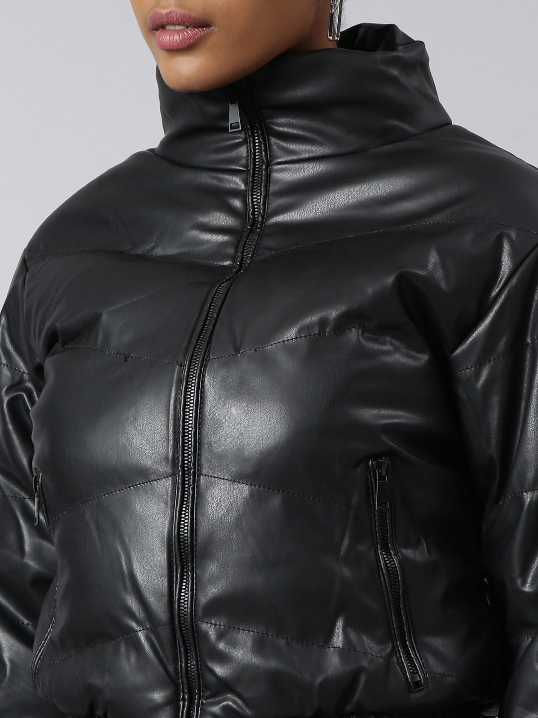 Women's Solid Black Puffer Jacket