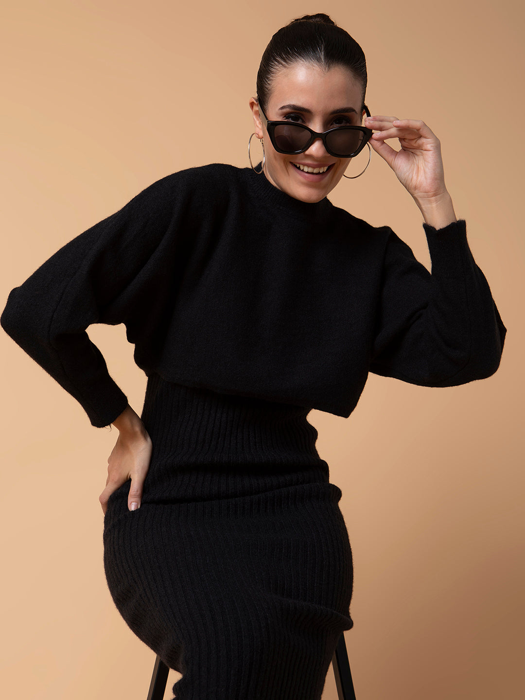 Women's Solid Black Bodycon Dress with Top