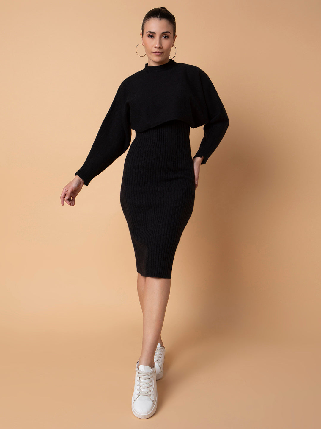 Women's Solid Black Bodycon Dress with Top