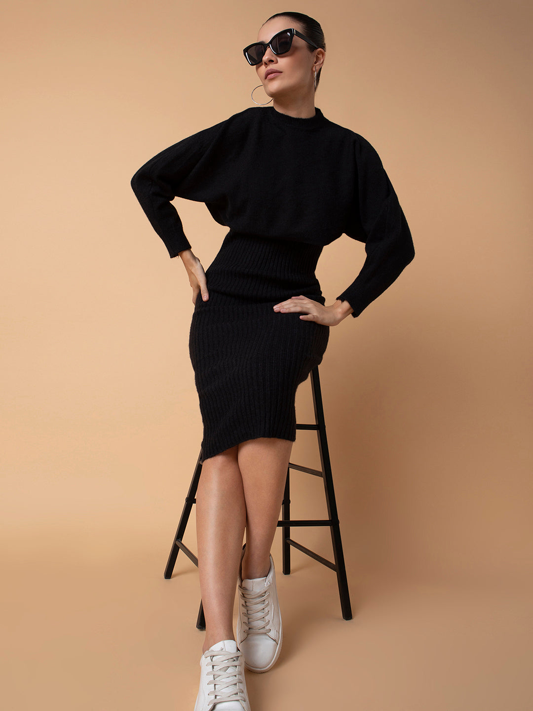 Women's Solid Black Bodycon Dress with Top